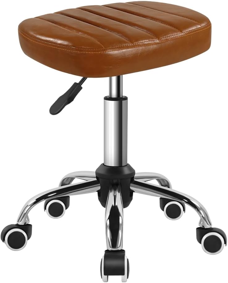 BFTOU Minimalist Square Swivel Stool with Wheel for Work SPA Shop Massage Height-Adjustable and Cost-Effective Rolling Stool Chair (Brown) - Image 1